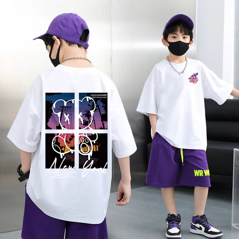 Korean Children's Clothes 2025 Summer Tops Art New York City Graphic T Shirts Cotton Baby Boys Short Sleeves Shirt Kids Clothes
