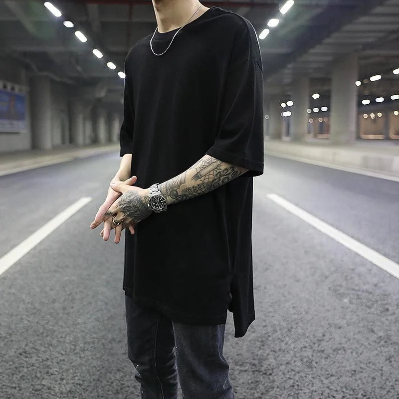 High Street Front Short Back Long Men T-shirt Split Base Hip-hop Culture Loose Solid Color Large Size Half Sleeved Men's T-shirt