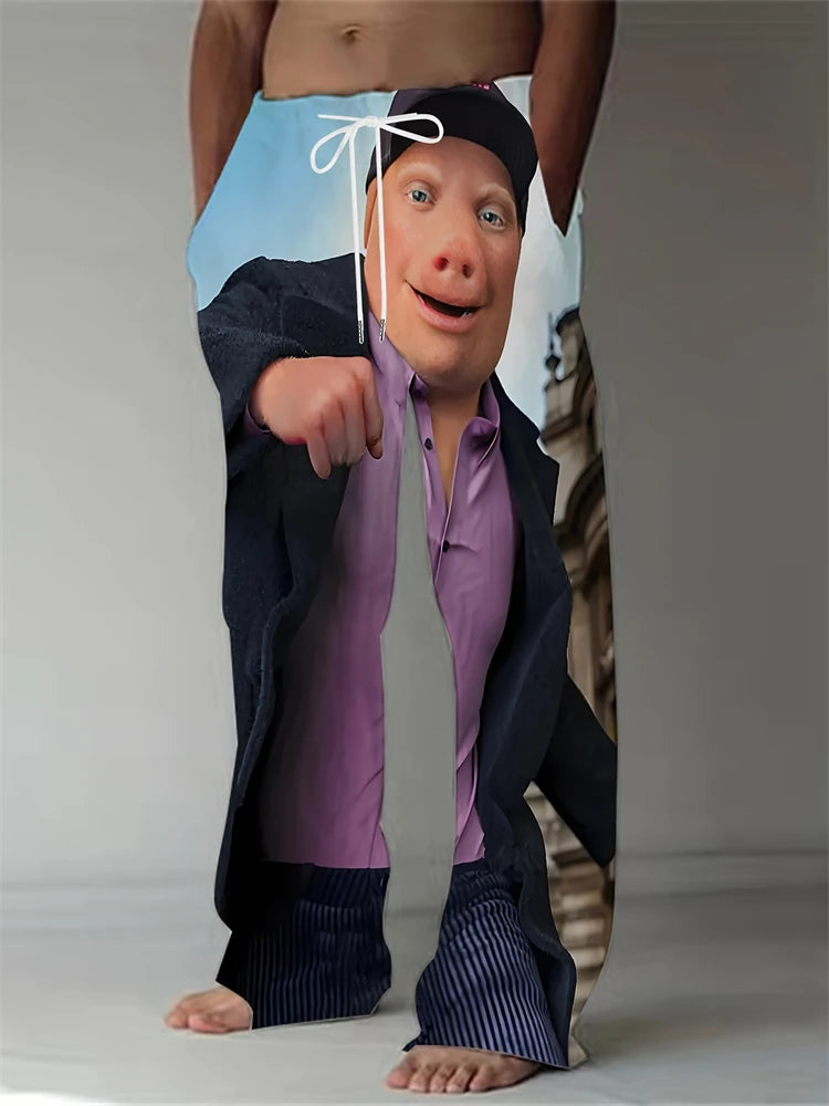 Funny Pig Face Casual Pants Mens Large Size Fashion Beach Pants Spring And Summer Festival Loose Fit Breathable Drawstring Pants