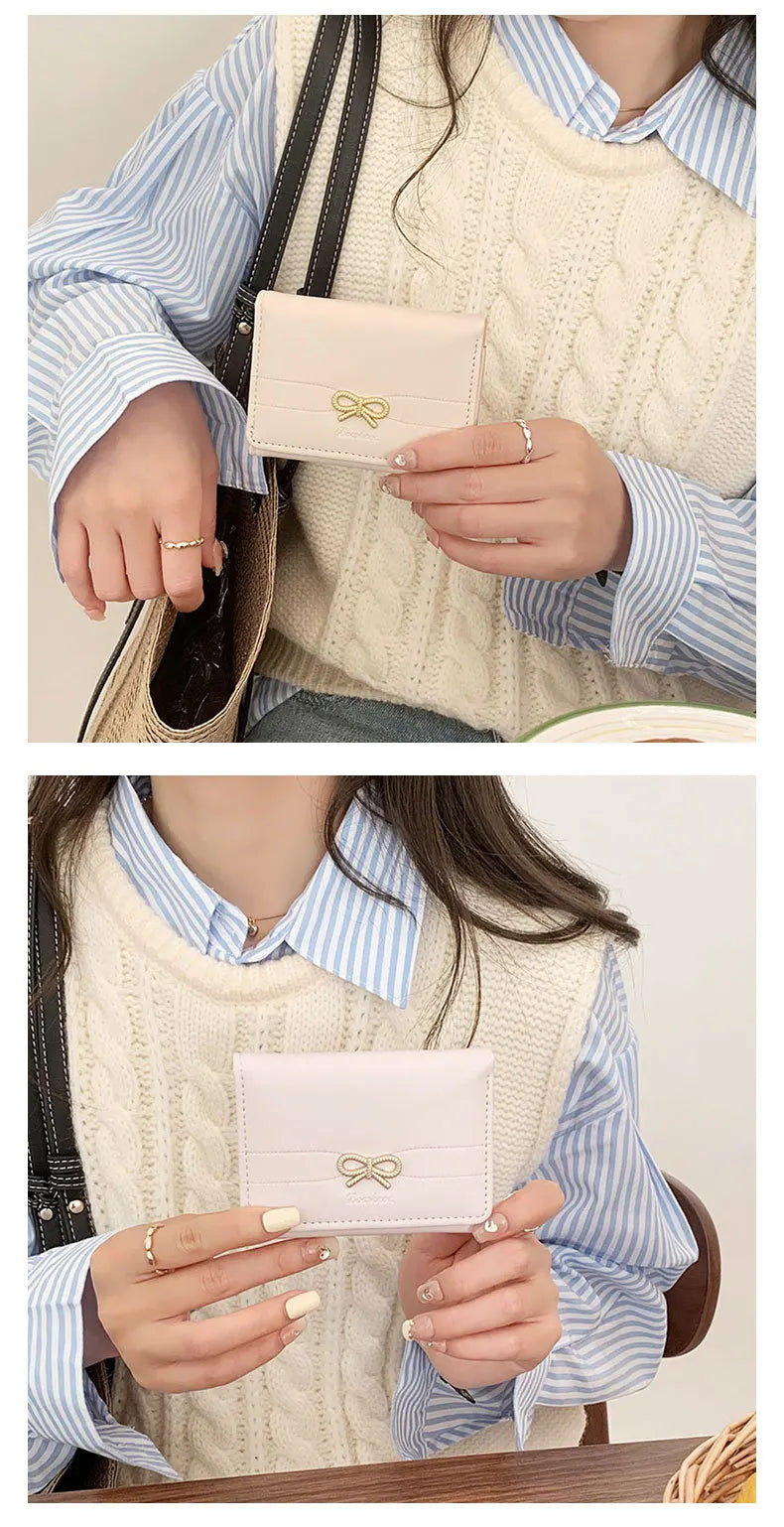 Fashion Wallets Girls Cute Bow Small Wallet Aesthetic Card Holder Classic Three Fold Purse For Women Student Simple Coin Pouch