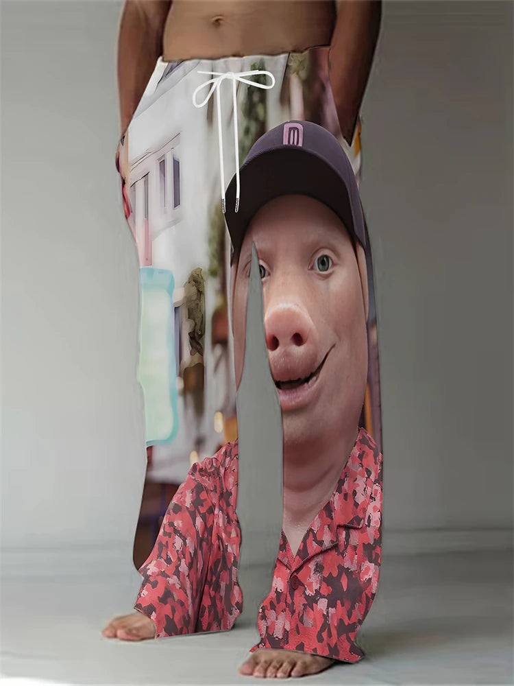 Funny Pig Face Casual Pants Mens Large Size Fashion Beach Pants Spring And Summer Festival Loose Fit Breathable Drawstring Pants