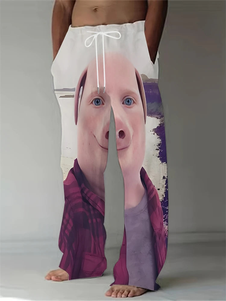 Funny Pig Face Casual Pants Mens Large Size Fashion Beach Pants Spring And Summer Festival Loose Fit Breathable Drawstring Pants