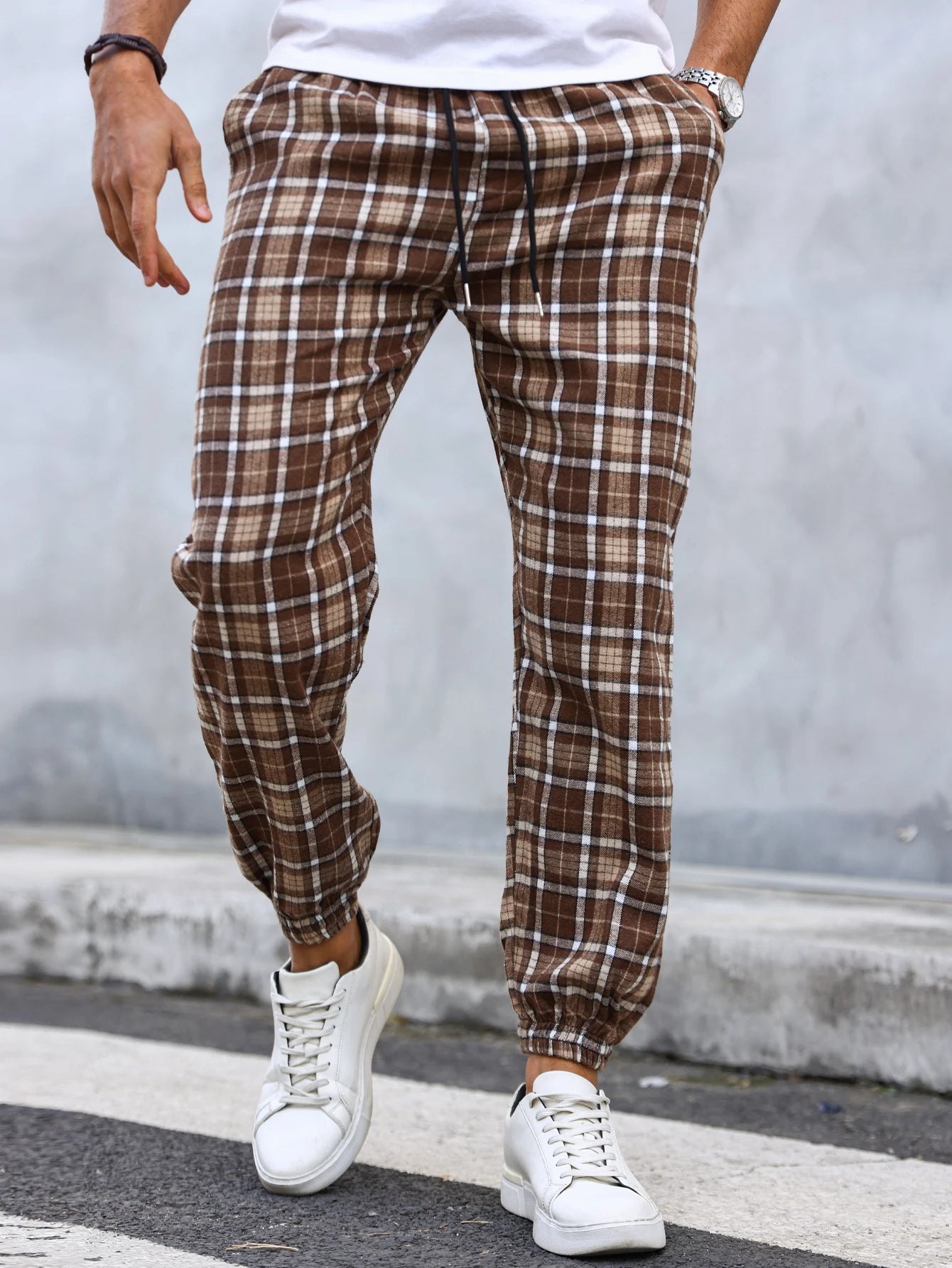Men's Plaid Print Cuffed Casual Trousers Comfortable Sleepwear Pajamas Pants for Relaxed Style