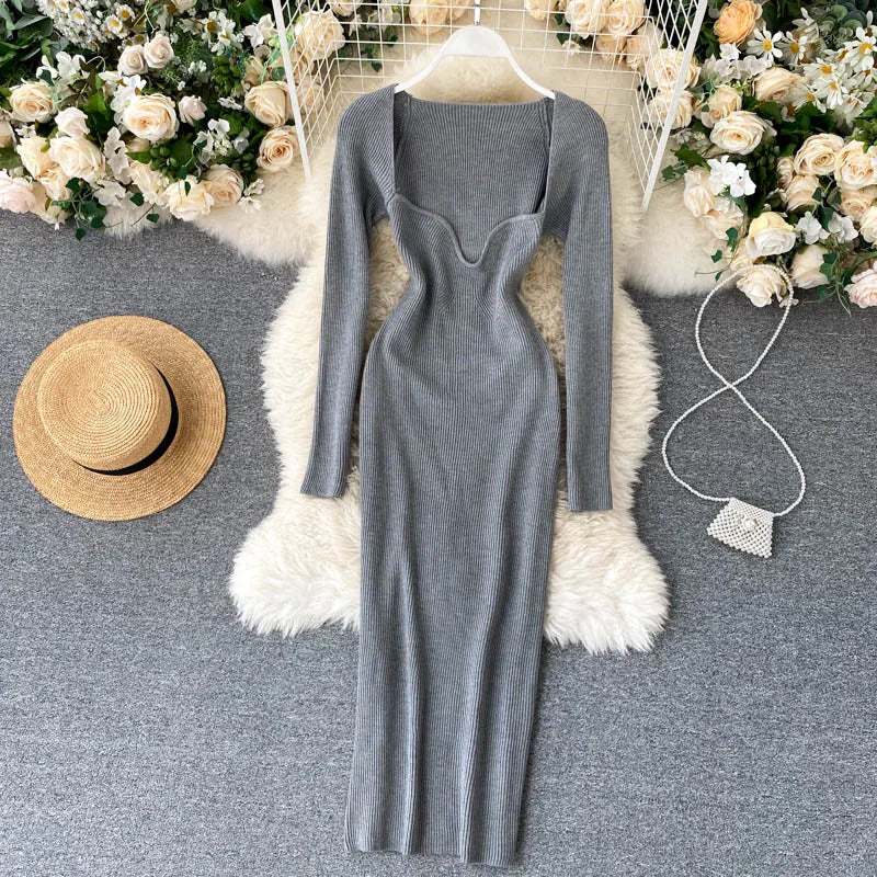 Dresses For Women 2026 Sexy Strapless Ribbed Knitted Bodycon Dress Women Winter Long Sleeve Midi Sweater Dress Clothes