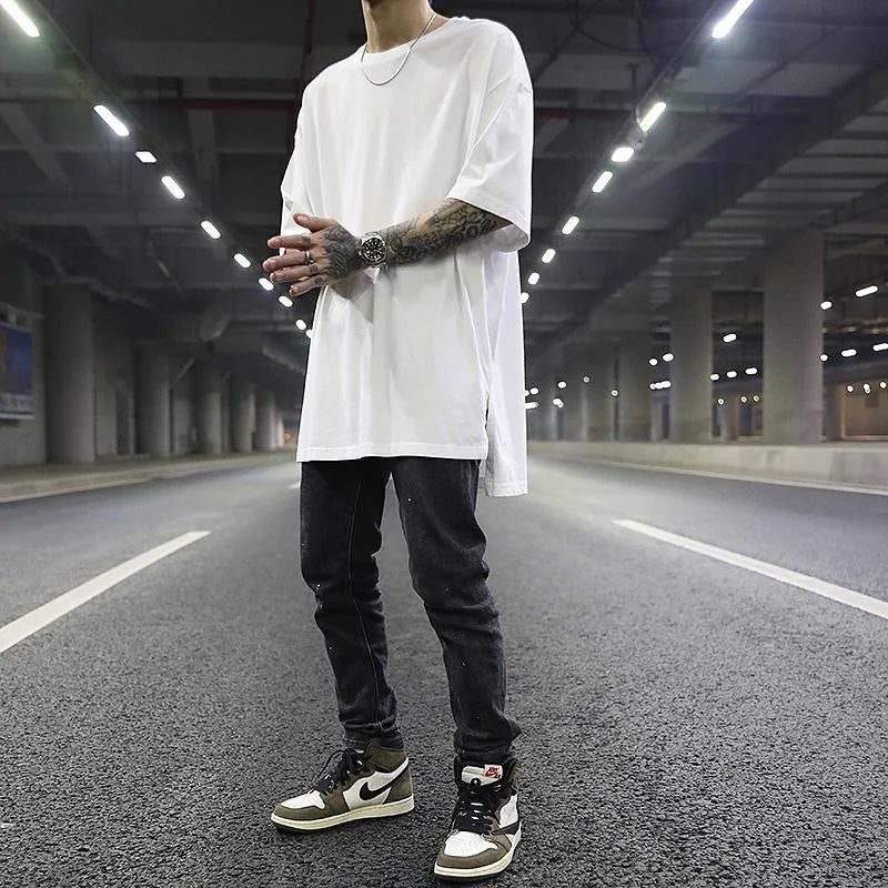 High Street Front Short Back Long Men T-shirt Split Base Hip-hop Culture Loose Solid Color Large Size Half Sleeved Men's T-shirt