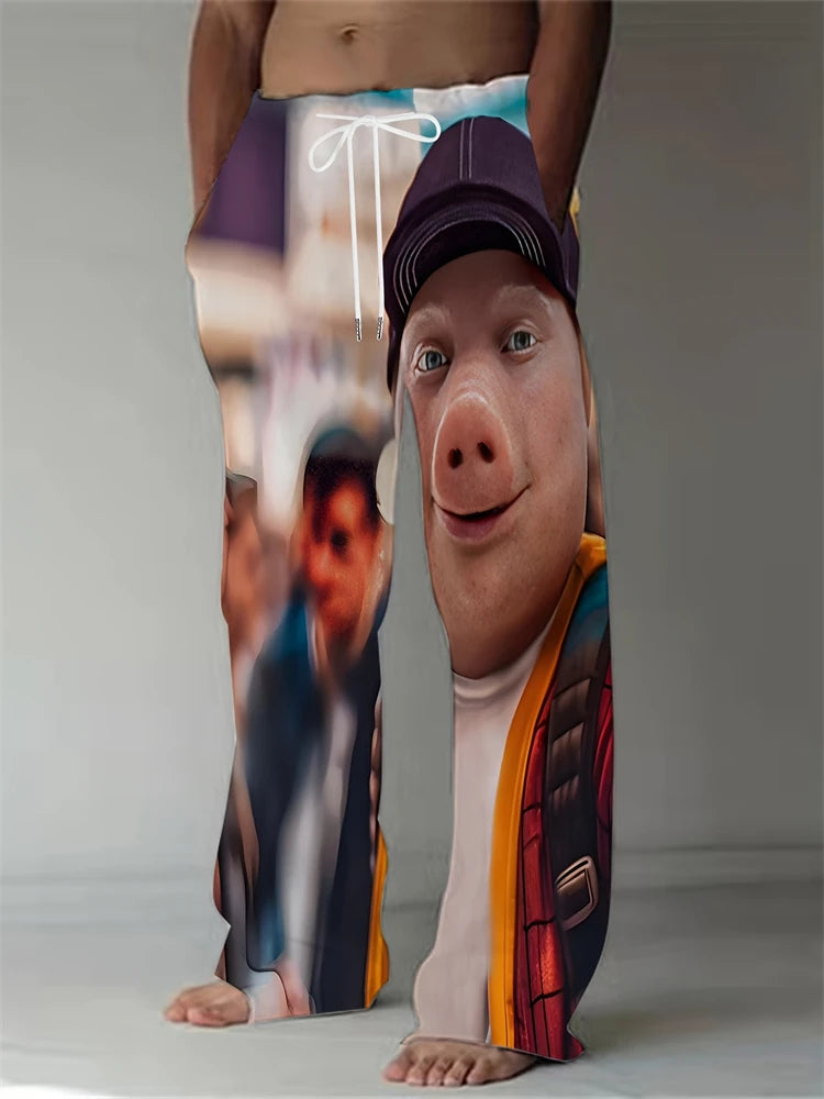 Funny Pig Face Casual Pants Mens Large Size Fashion Beach Pants Spring And Summer Festival Loose Fit Breathable Drawstring Pants