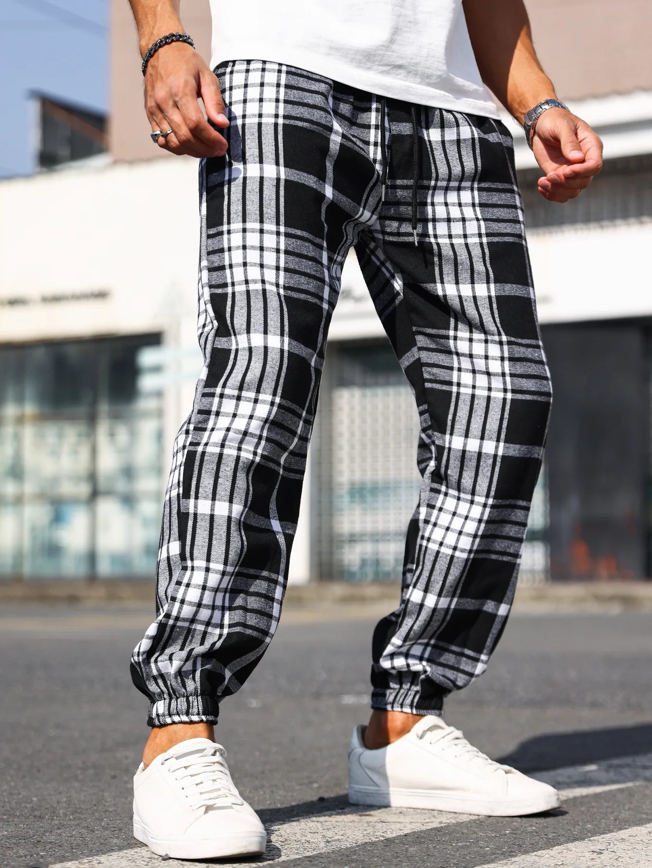Men's Plaid Print Cuffed Casual Trousers Comfortable Sleepwear Pajamas Pants for Relaxed Style