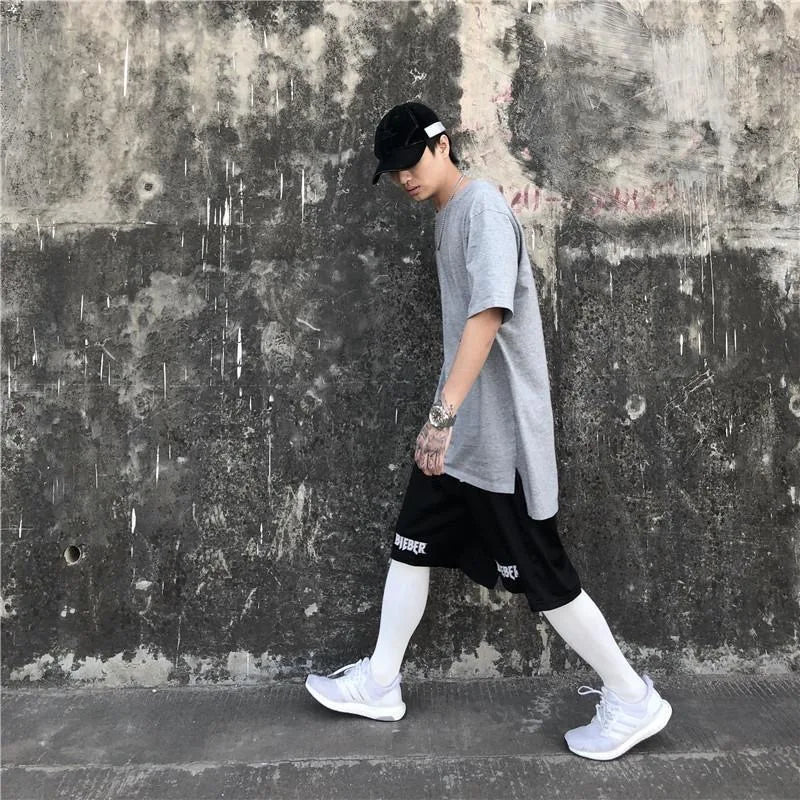 High Street Front Short Back Long Men T-shirt Split Base Hip-hop Culture Loose Solid Color Large Size Half Sleeved Men's T-shirt