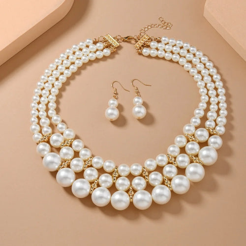 Bridal Wedding Jewelry Set New Fashion Multi layer Handmade Imitation Pearl Necklace and Earrings Women's Party Accessories