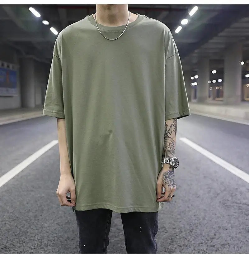 High Street Front Short Back Long Men T-shirt Split Base Hip-hop Culture Loose Solid Color Large Size Half Sleeved Men's T-shirt