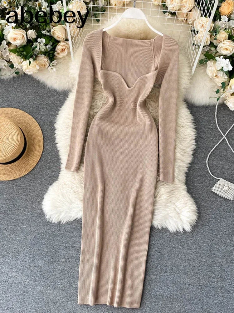 Dresses For Women 2026 Sexy Strapless Ribbed Knitted Bodycon Dress Women Winter Long Sleeve Midi Sweater Dress Clothes