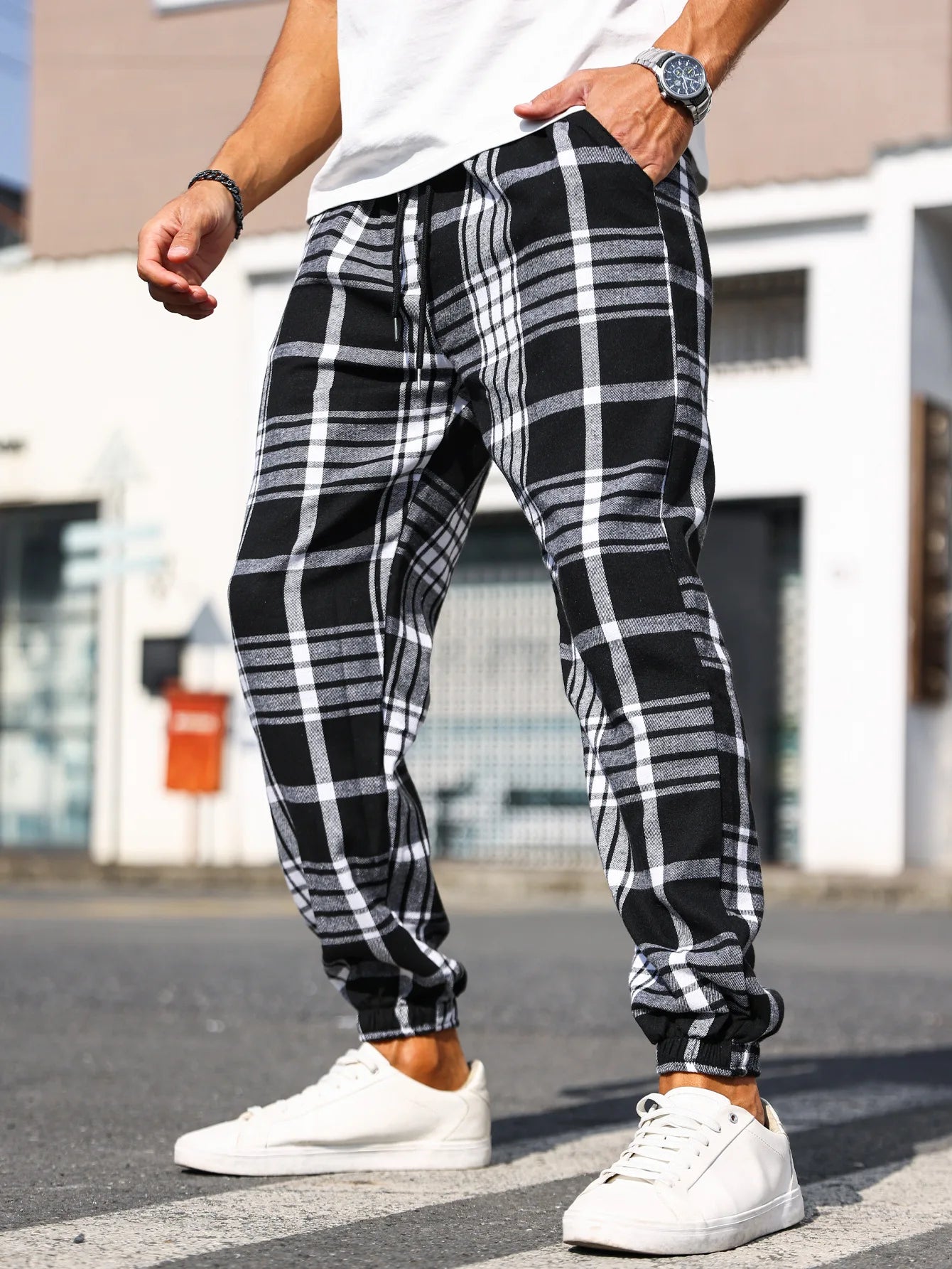 Men's Plaid Print Cuffed Casual Trousers Comfortable Sleepwear Pajamas Pants for Relaxed Style