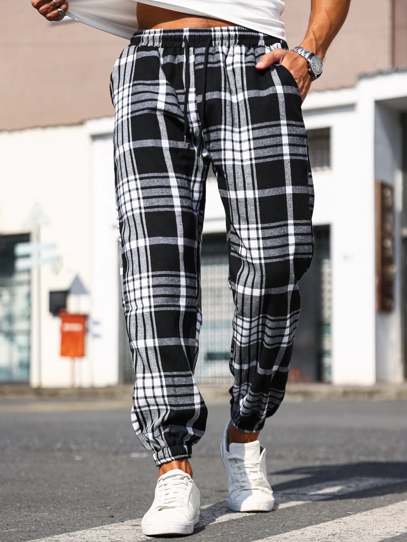 Men's Plaid Print Cuffed Casual Trousers Comfortable Sleepwear Pajamas Pants for Relaxed Style