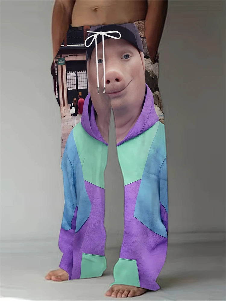 Funny Pig Face Casual Pants Mens Large Size Fashion Beach Pants Spring And Summer Festival Loose Fit Breathable Drawstring Pants