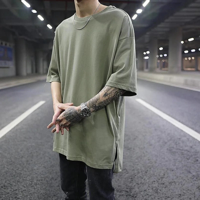 High Street Front Short Back Long Men T-shirt Split Base Hip-hop Culture Loose Solid Color Large Size Half Sleeved Men's T-shirt